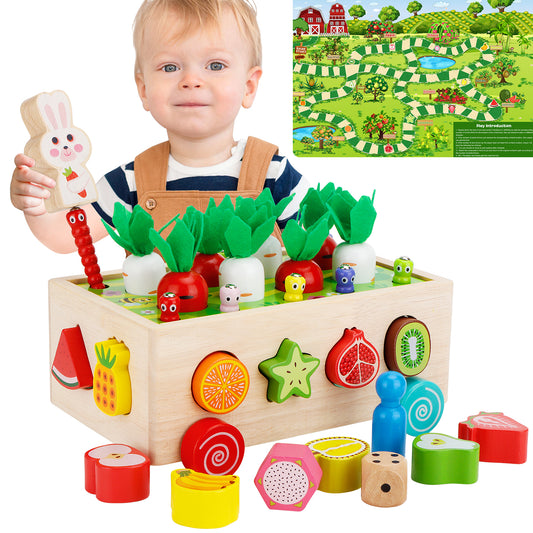 DRAMATION Montessori Wooden Garden Toy for Baby Boys Girls 3 4 Years Old, Fine Motor Skills Developmental Gift Toy Color Shape Fruit Sorting Orchard Cart Farm Game for Toddler 36+ Months