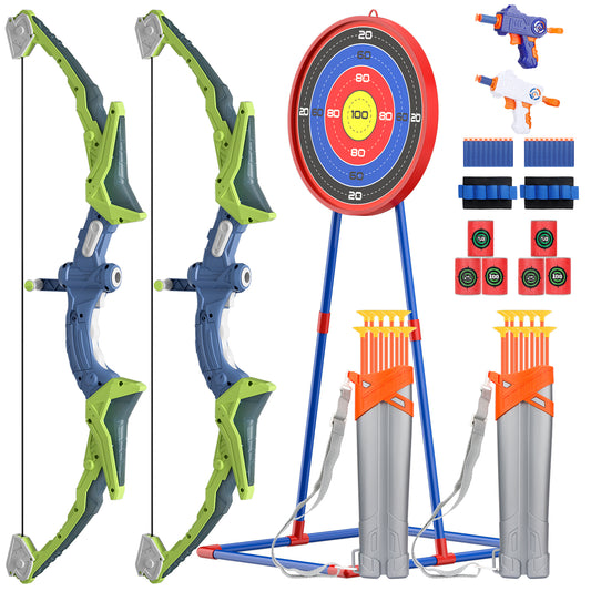 DRAMATION 2 Pack Kids Bow and Arrow Sets - 55 PCS LED Light Up Arrow Archery Kits with 20 Suction Cups & 2 Quivers & Standing Target,Sport Gifts Outdoor Toys Archery Set for Kids Ages 6-8 Years