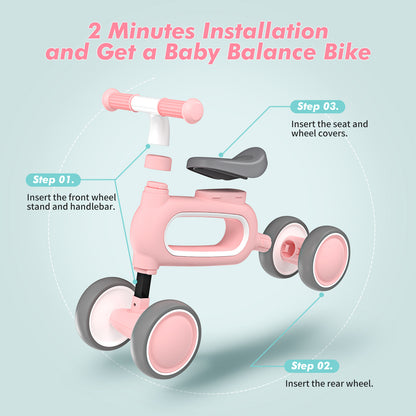 DRAMATION Baby Balance Bike,Toddler Bike for 12-18 Month, Toddler Bicycle Toy for 1 Year Old Girls, Baby Walker Balance Bike with Rabbit Stickers, Baby Girl Toy, First Birthday Gift, Pink
