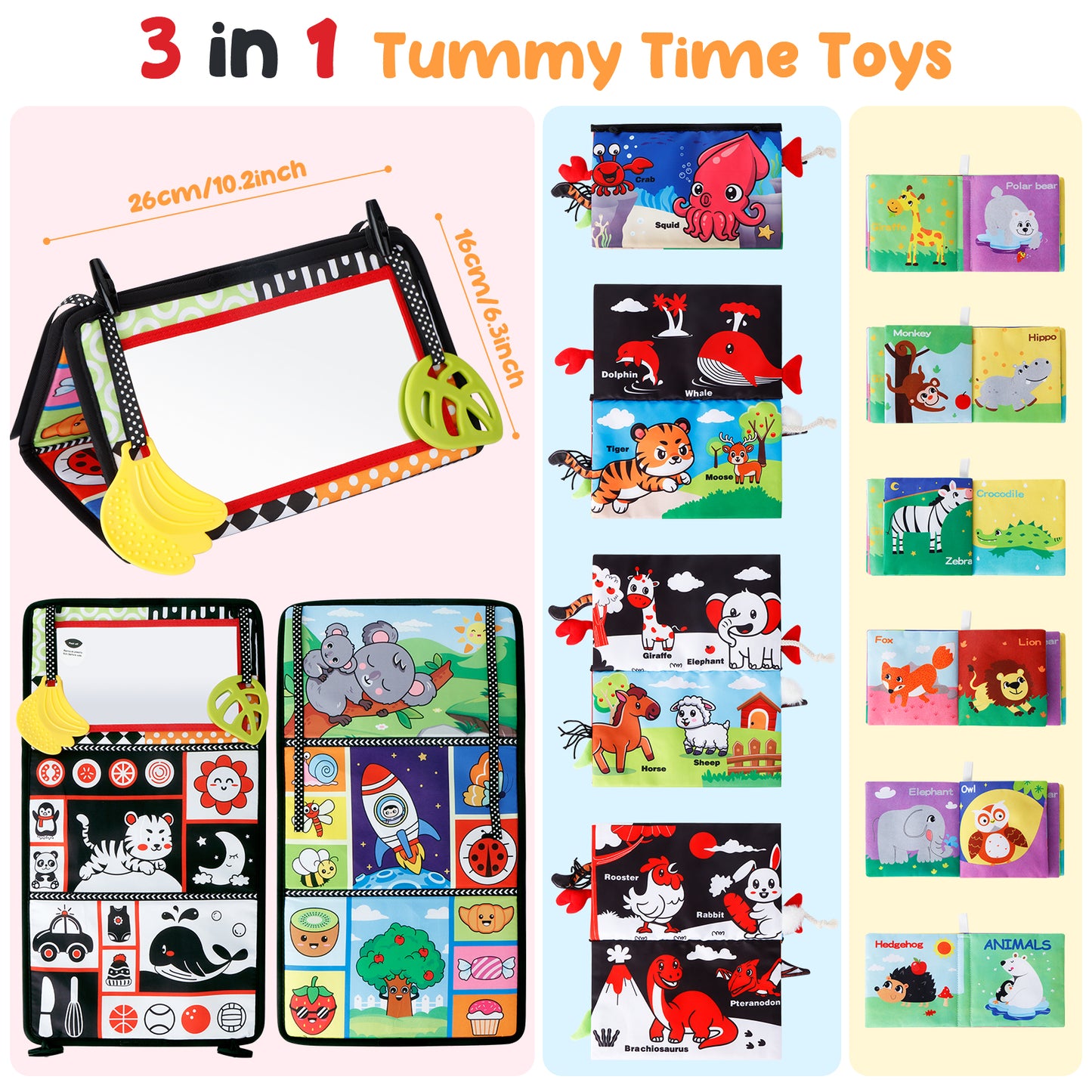 DRMATION Tummy Time Toys, Baby Toys 6 to 12 Months, Infant Toys 3 in 1 Baby Mirror and 2 Animal Soft Books Kit, Montessori Infant Toys for Babies 0 3 6 9 Months