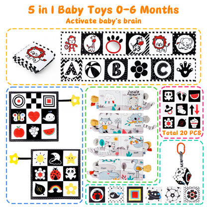DRAMATION 5 in 1 High Contrast Baby Toys 0-3 Months for Newborn, Tummy Time Toys Montessori Toys for Babies 0 3 6 9 Months - Infant Sensory Soft Book Toys for Babies Girls Boys Baby Gifts