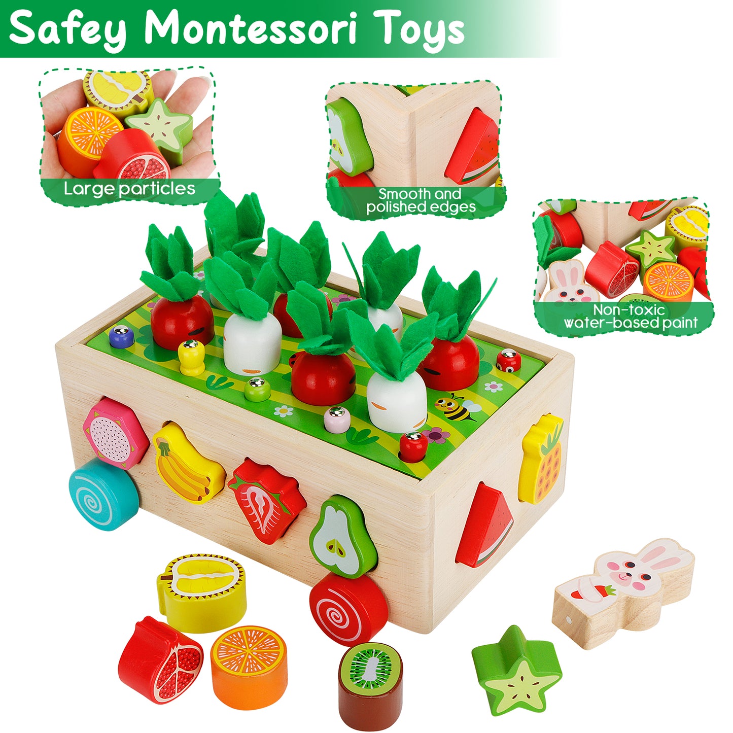 DRAMATION Montessori Wooden Garden Toy for Baby Boys Girls 3 4 Years Old, Fine Motor Skills Developmental Gift Toy Color Shape Fruit Sorting Orchard Cart Farm Game for Toddler 36+ Months